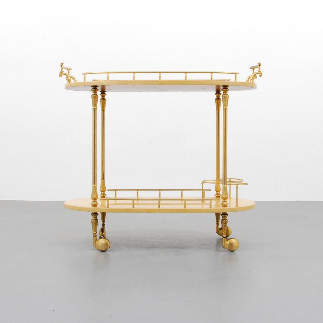 Aldo Tura Goatskin Bar Cart: Designer & Manufacturer: Aldo Tura Markings: none Country of Origin & Materials: Italy; goatskin, metal Additional Information & Circa: Two-tier goatskin bar cart on wheels by Aldo Tura. (Key Word Sea