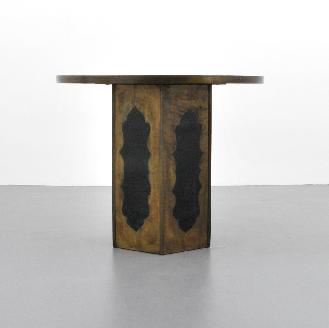 Philip & Kelvin LaVerne Center Hall Table: Designer & Manufacturer: Philip & Kelvin LaVerne Markings: marked Country of Origin & Materials: USA; mixed metals Additional Information & Circa: Fine engraved 'Chan' center hall table with enameled 