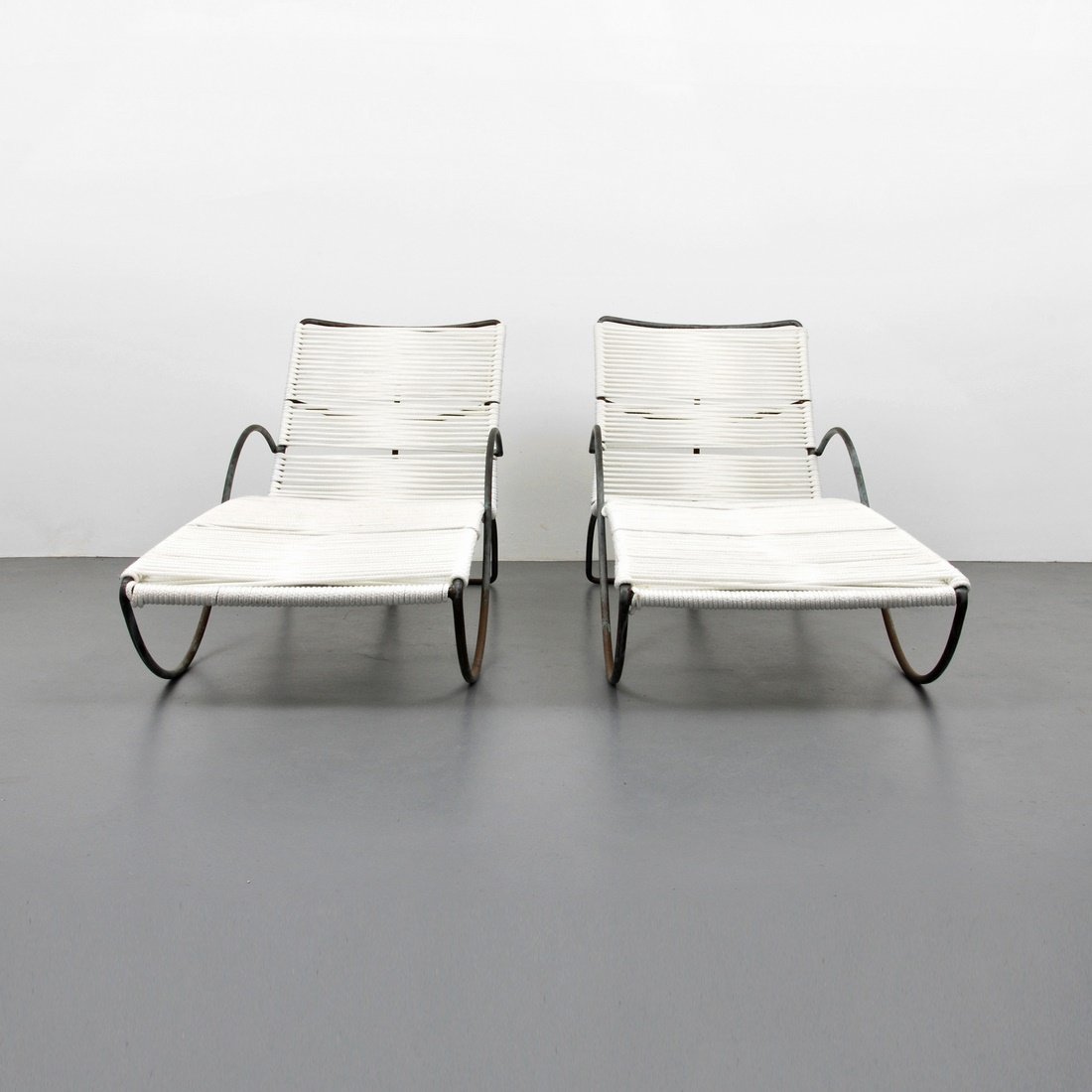 Walter Lamb Chaise Lounges: Designer & Manufacturer: Walter Lamb; Brown Jordan Markings: none Country of Origin & Materials: USA; bronze or copper tubing, roping Additional Information & Circa: Pair of chaise lounge by Walter La
