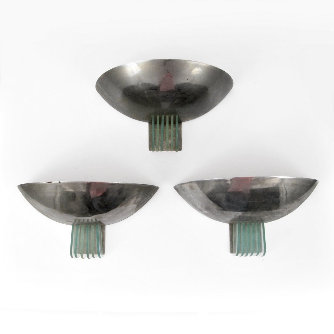 Art Deco Sconces, Manner of Jean Perzel: Designer & Manufacturer: Jean Perzel, Manner of Markings: none Country of Origin & Materials: unknown; metal, glass Additional Information & Circa: Set of three Art Deco sconces in the manner of Jean
