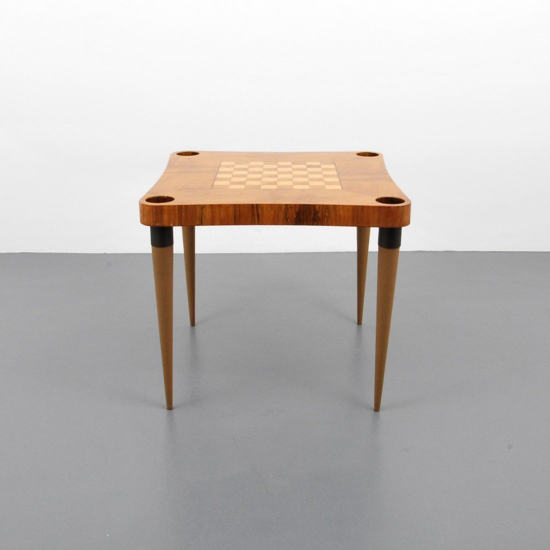 Gilbert Rohde Game Table: Designer & Manufacturer: Gilbert Rohde; Herman Miller Markings: marked Country of Origin & Materials: USA; wood, metal, leatherette Additional Information & Circa: Game table with inset checker/chess
