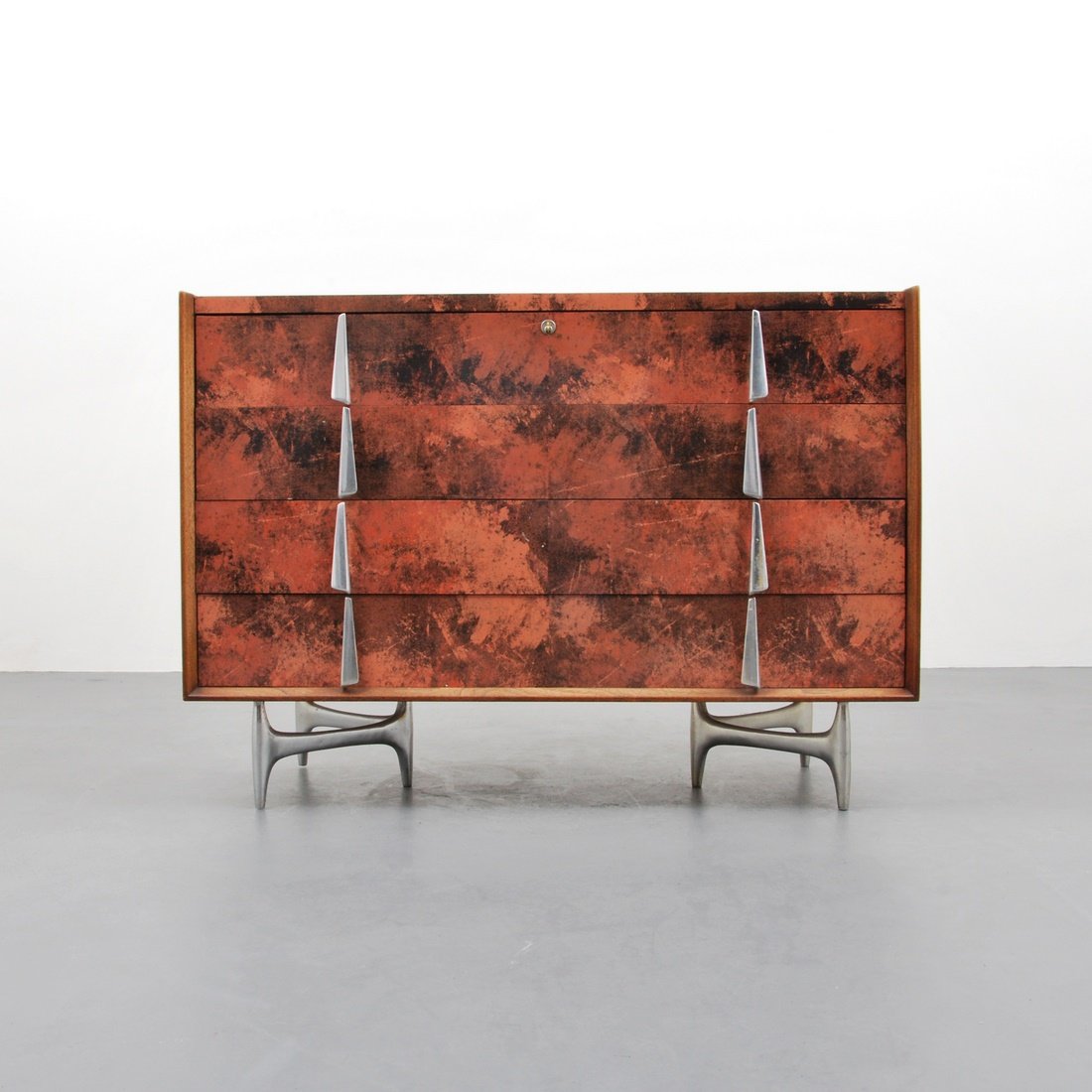 Donald Deskey Chest/Dresser: Designer & Manufacturer: Donald Deskey; Charak Modern Markings: marked Country of Origin & Materials: USA; Micarta laminate, aluminum, mahogany Additional Information & Circa: Dresser/Chest with four