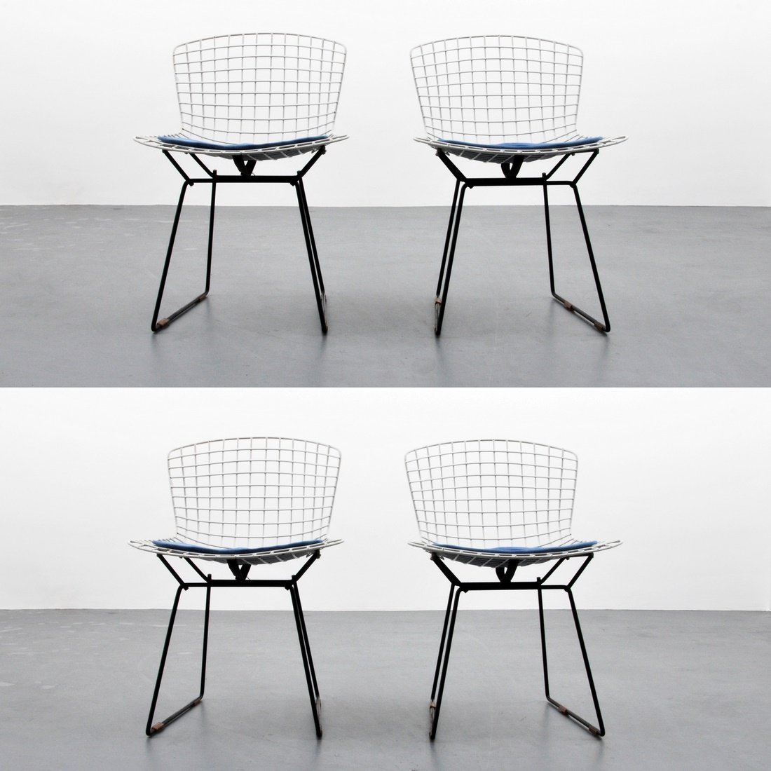 Harry Bertoia Chairs: Designer & Manufacturer: Harry Bertoia; Knoll International Markings: none Country of Origin & Materials: USA; metal, upholstery Additional Information & Circa: Set of four dining/side chairs with flo