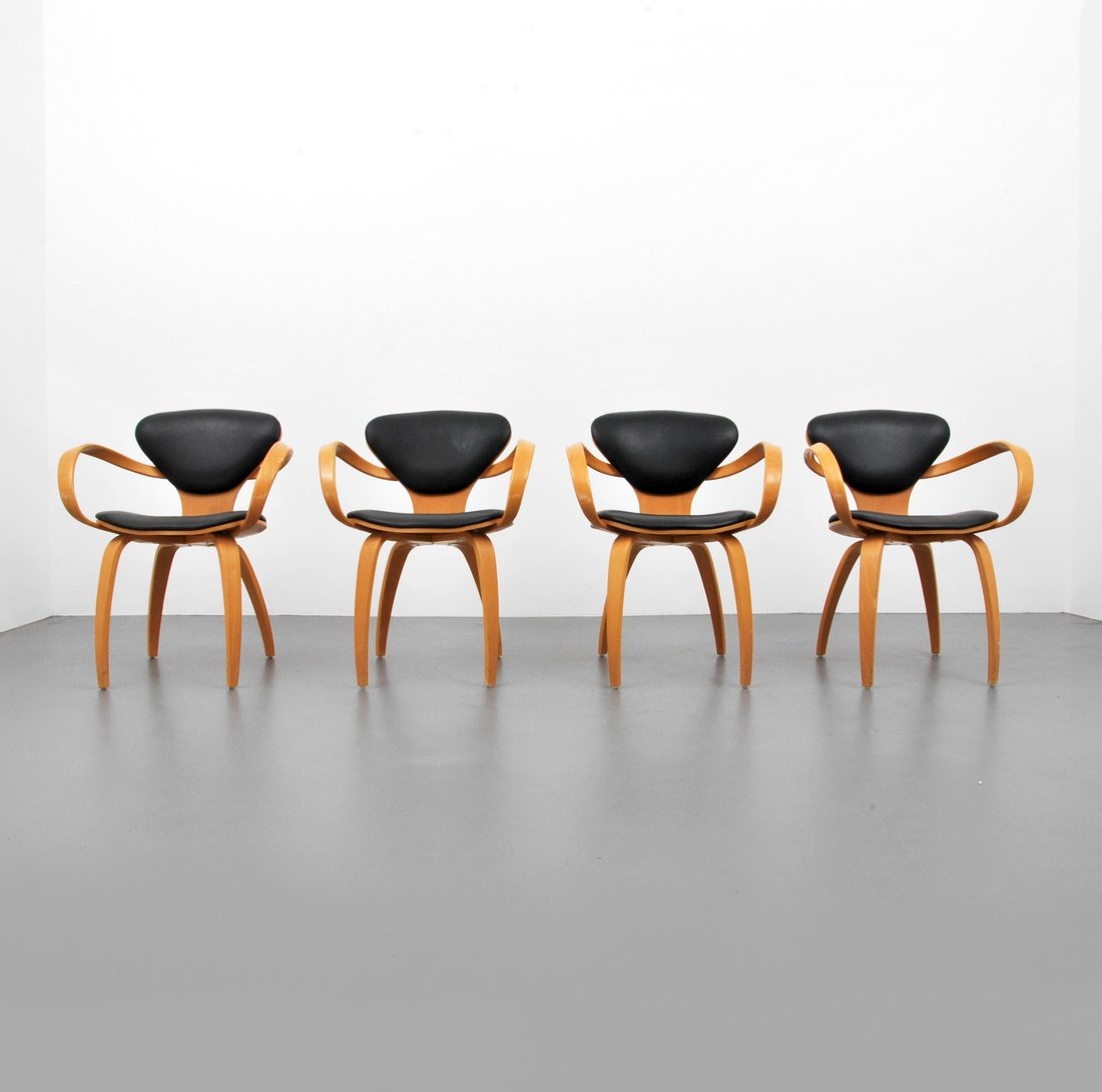 Plycraft 'Rockwell II (Pretzel)' Arm Chairs: Designer & Manufacturer: Plycraft Markings: marked Country of Origin & Materials: USA; wood, upholstery Additional Information & Circa: Set of four 'Rockwell II (Pretzel)' arm chairs by Plycraft. (Key