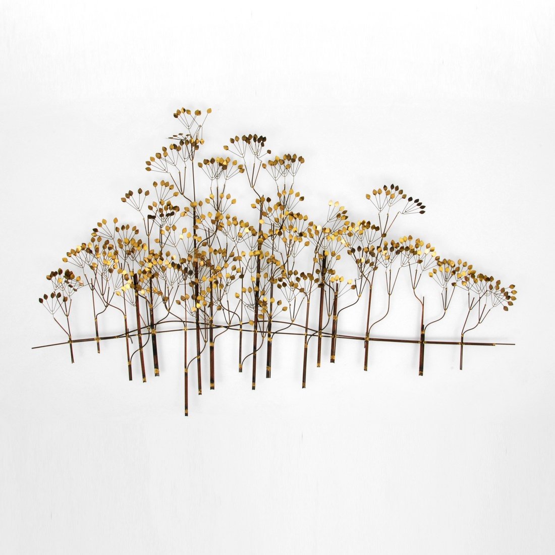 Curtis Jere Wall Sculpture, Signed: Designer & Manufacturer: Curtis Jere; Artisan House Markings: marked; 1973 Country of Origin & Materials: USA; metal Additional Information & Circa: Large tree scene wall sculpture by Curtis Jere. (Ke