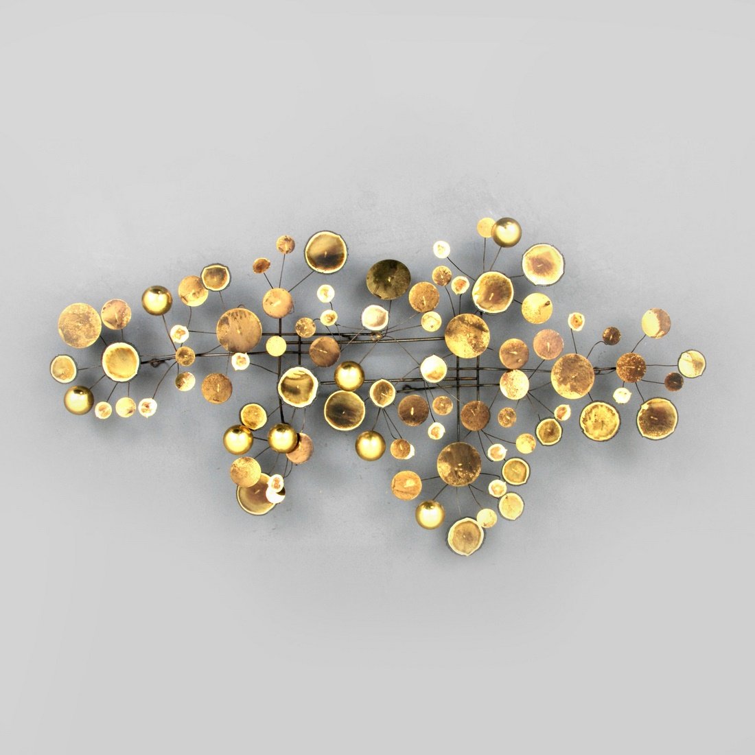Large Curtis Jere 'Raindrops' Wall Sculpture: Designer & Manufacturer: Curtis Jere; Artisan House Markings: marked; 1972 Country of Origin & Materials: USA; brass Additional Information & Circa: Large 'Raindrops' wall sculpture by Curtis Jere. (K