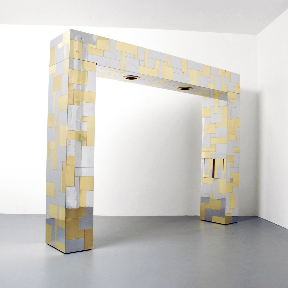 Paul Evans 'Cityscape' Headboard: Designer & Manufacturer: Paul Evans; Paul Evans Studio for Directional Markings: none Country of Origin & Materials: USA; chrome, brass Additional Information & Circa: Lit headboard 'Cityscape' with s