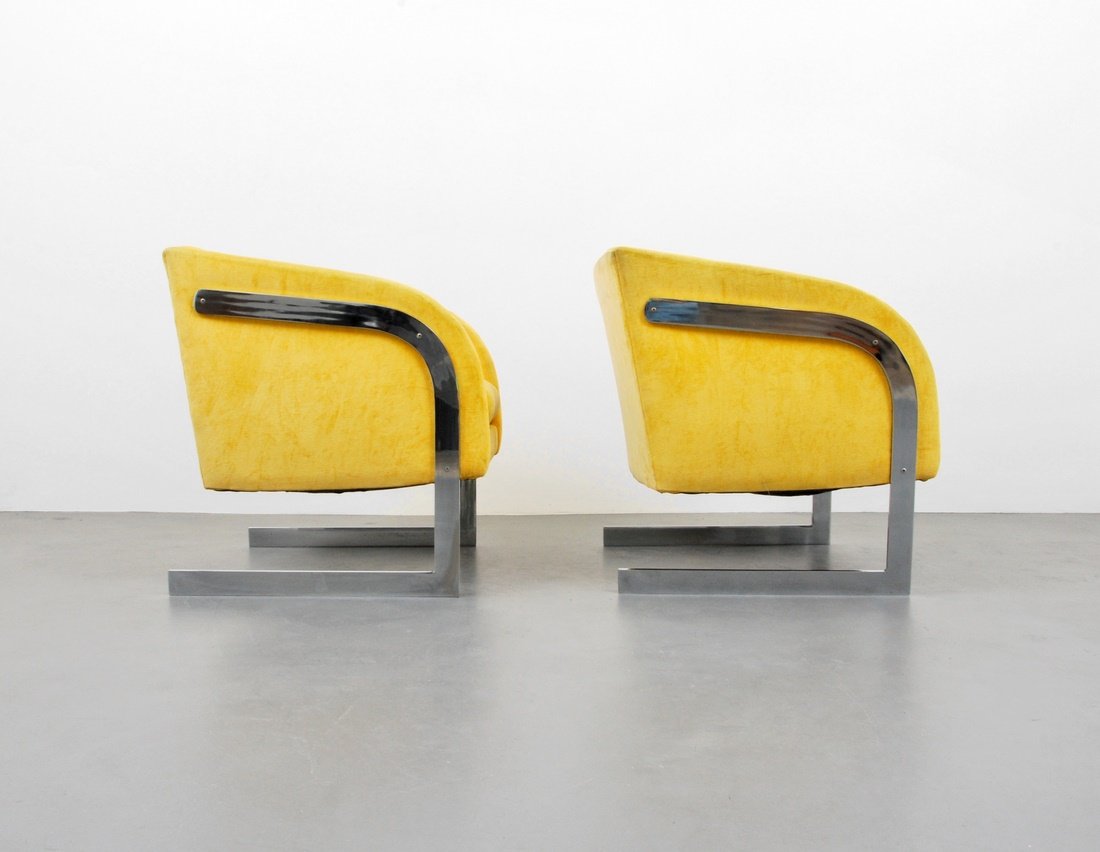 Pair of Chairs Attributed to Milo Baughman: Designer & Manufacturer: Milo Baughman, Attributed; Thayer Coggin Markings: none Country of Origin & Materials: USA; chromed metal, upholstery Additional Information & Circa: Pair of lounge chairs att