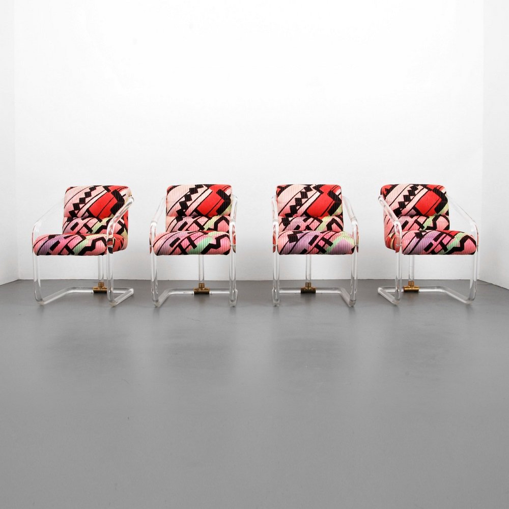Lion in Frost Arm Chairs: Designer & Manufacturer Leon Frost; Lion In Frost Markings marked Country of Origin & Materials USA; Lucite, metal, upholstery Additional Information & Circa Set of four chairs. (Key Word Search: