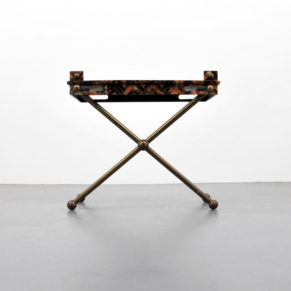 Horn Tray Stand, Manner of Karl Springer: Designer & Manufacturer Karl Springer, Manner of Markings none Country of Origin & Materials unknown; horn or horn-like material, brass Additional Information & Circa Folding brass stand with remov