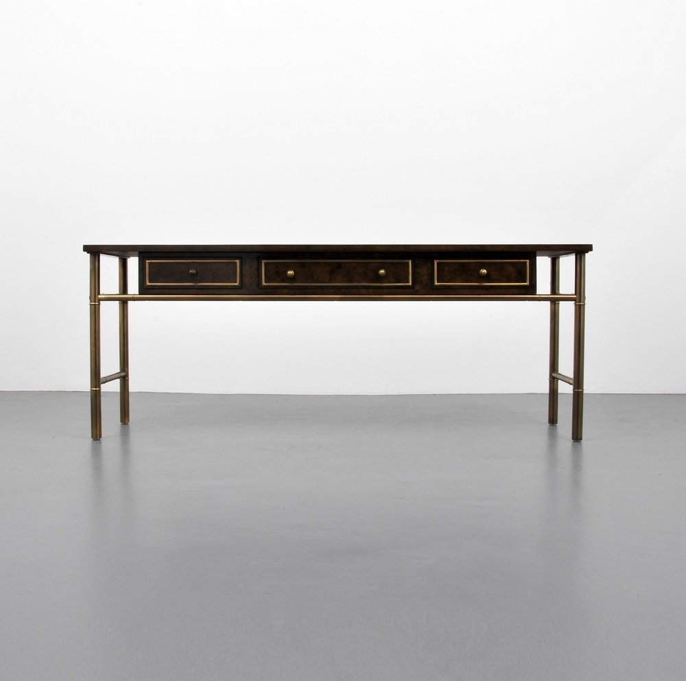 Mastercraft Burl-Wood Console Table: Designer & Manufacturer Mastercraft Markings none Country of Origin & Materials USA; brass, burl-wood Additional Information & Circa Three-drawer console/sofa table. (Key Word Search: James Mont, Se