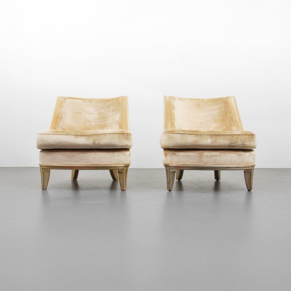 Pair of Lounge Chairs, Manner of James Mont: Designer & Manufacturer James Mont, Manner of Markings none Country of Origin & Materials USA; gilded wood, upholstery Additional Information & Circa (Key Word Search: James Mont, Serge Roche, Karl