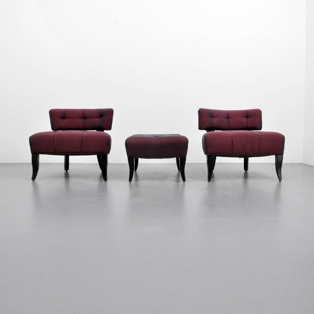 William (Billy) Haines "Slipper" Chairs & Ottoman: Designer & Manufacturer William (Billy) Haines Markings none Country of Origin & Materials USA; wood, upholstery Additional Information & Circa (Key Word Search: James Mont, Serge Roche, Karl Spring