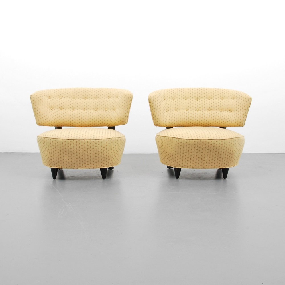 Pair of Lounge Chairs, Manner of Billy Haines: Designer & Manufacturer Billy Haines, Manner of Markings none Country of Origin & Materials USA; upholstery, wood Additional Information & Circa (Key Word Search: James Mont, Serge Roche, Karl Sprin