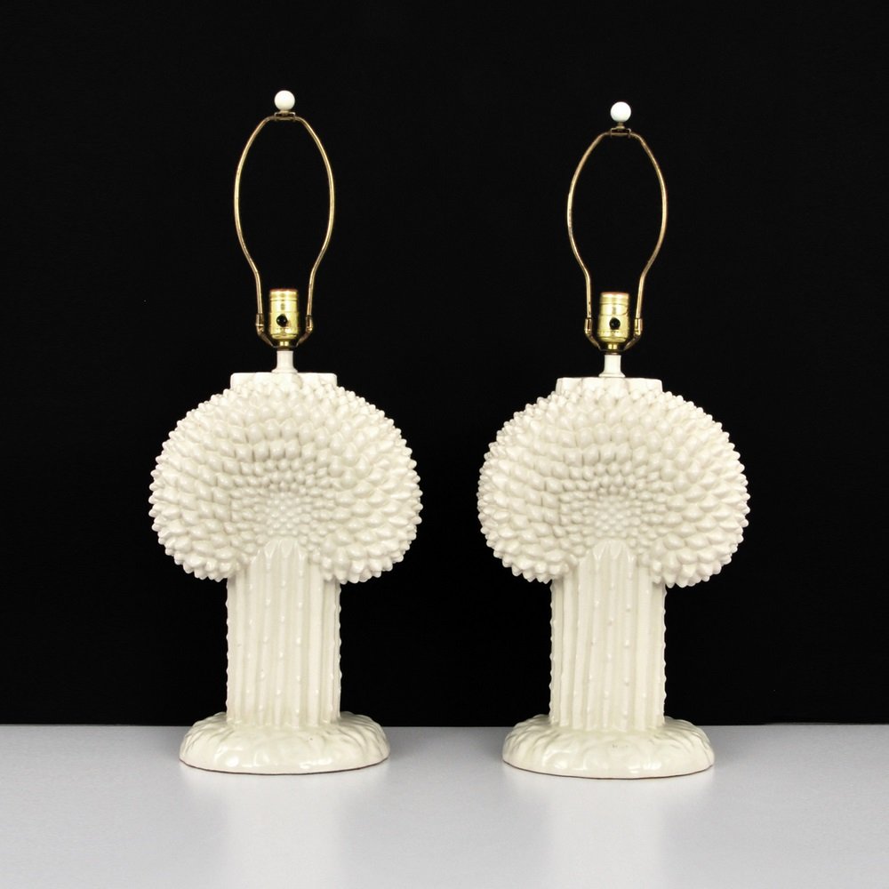 Pair of Cactus Form Lamps, Manner of John Dickinson: Designer & Manufacturer John Dickinson, Manner of Markings none Country of Origin & Materials unknown; glazed ceramic Additional Information & Circa Pair of sculptural cactus-form table lamps in t