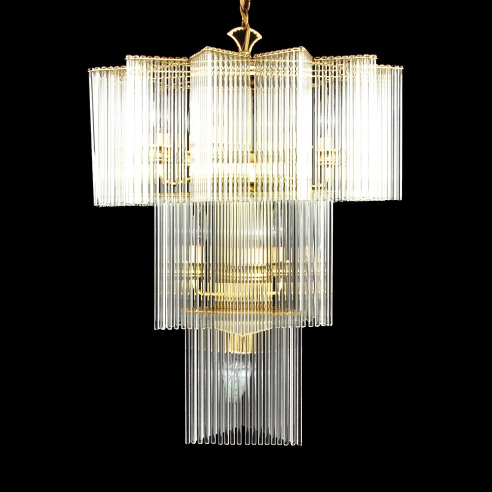 Tiered Chandelier Attributed to Sciolari: Designer & Manufacturer Sciolari, Attributed; Lightolier Markings none Country of Origin & Materials Italy; brass, glass Additional Information & Circa (Key Word Search: James Mont, Serge Roche, Kar
