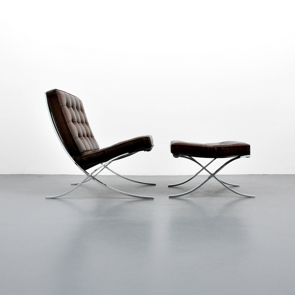 Mies van der Rohe "Barcelona" Chair & Ottoman, Knoll: Designer & Manufacturer Mies van der Rohe; Knoll International Markings none Country of Origin & Materials USA; chromed steel, leather Additional Information & Circa Chair and ottoman are model "Bar