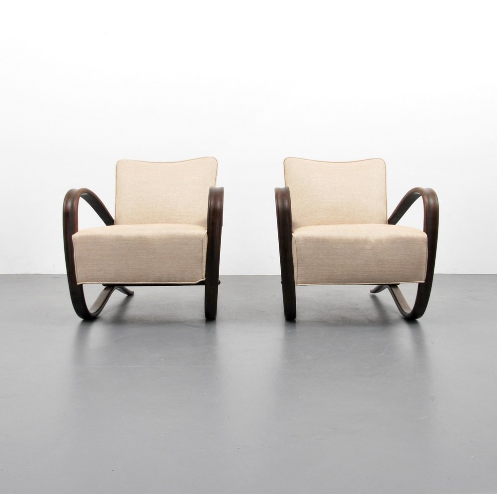 Pair of Jindrich Halabala Lounge Chairs: Designer & Manufacturer Jindrich Halabala Markings none Country of Origin & Materials Czechoslovakia; wood, upholstery Additional Information & Circa Chairs are model "H269". (Key Word Search: Jean-