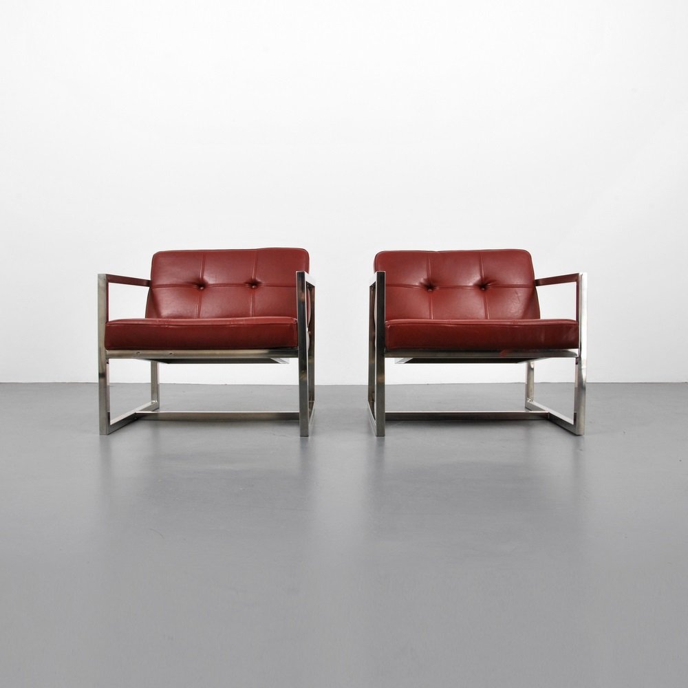 Milo Baughman Lounge Chairs: Designer & Manufacturer Milo Baughman; Thayer Coggin Markings none Country of Origin & Materials USA; chromed metal, upholstery Additional Information & Circa (Key Word Search: Milo Baughman, Pace C