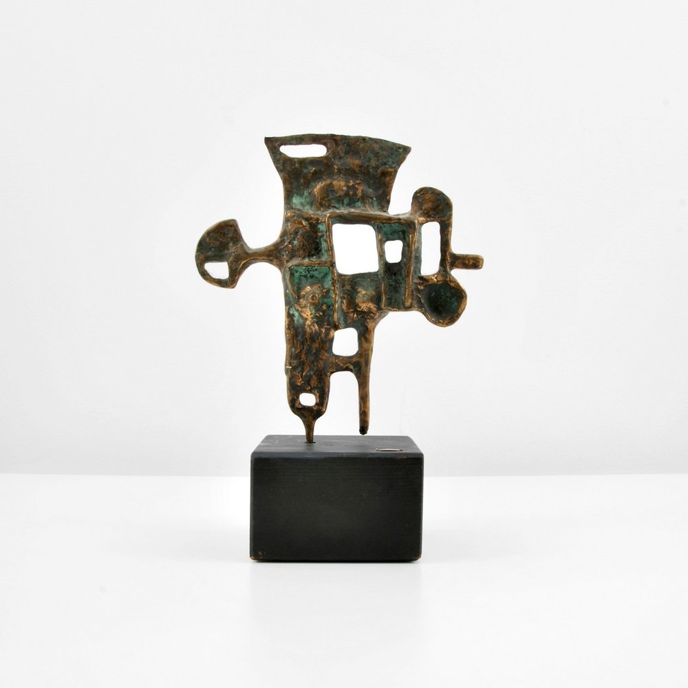 Curtis Jere Abstract Sculpture: Designer & Manufacturer Curtis Jere; Artisan House Markings marked; 1970 Country of Origin & Materials USA; metal, wood Additional Information & Circa Dimensions(H,W,D) 14.5"h, 10"w,