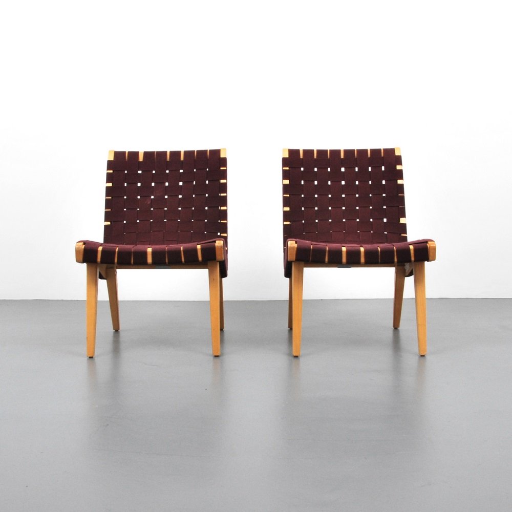 Jens Risom Lounge Chairs: Designer & Manufacturer Jens Risom; Knoll Studio Markings marked Country of Origin & Materials USA; wood, webbing Additional Information & Circa Reference: Knoll - A Modernist Universe, Brian Lutz,