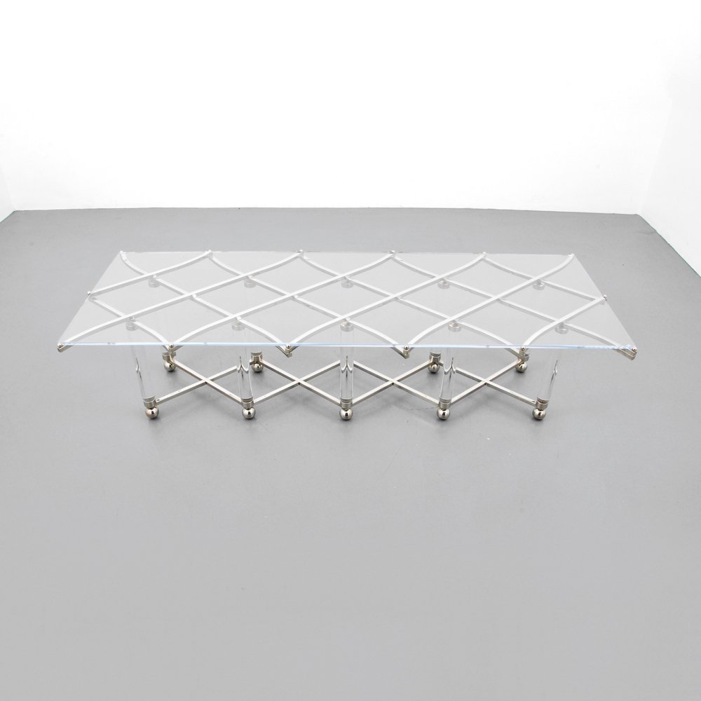 Large Charles Hollis Jones "Treillage" Coffee Table: Designer (Artist) & Manufacturer: Charles Hollis Jones Markings: none Country of Origin & Materials: USA; Lucite, nickeled metal, acrylic Additional Information: (Key Word Search: Lion Leon Frost, Vla