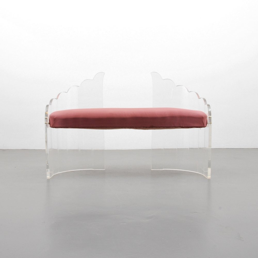 Lucite Bench, Manner of Charles Hollis Jones: Designer (Artist) & Manufacturer: Charles Hollis Jones, Manner of; Hill Manufacturing Co. Markings: marked Country of Origin & Materials: USA; Lucite, upholstery Additional Information: (Key Word Sear