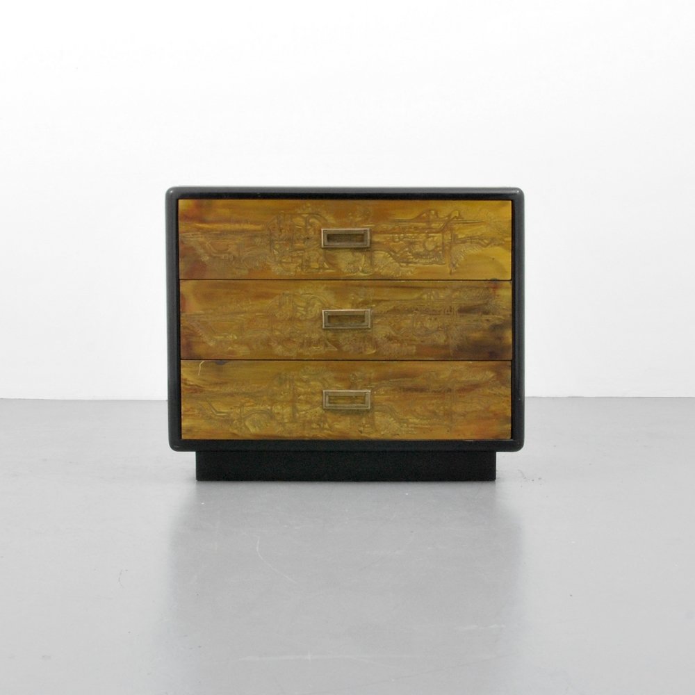 Bernhard Rohne 3-Drawer Etched Chest: Designer (Artist) & Manufacturer: Bernhard Rohne; Mastercraft Markings: marked Country of Origin & Materials: USA; brass, wood Additional Information: (Key Word Search: James Mont, Serge Roche, Karl S