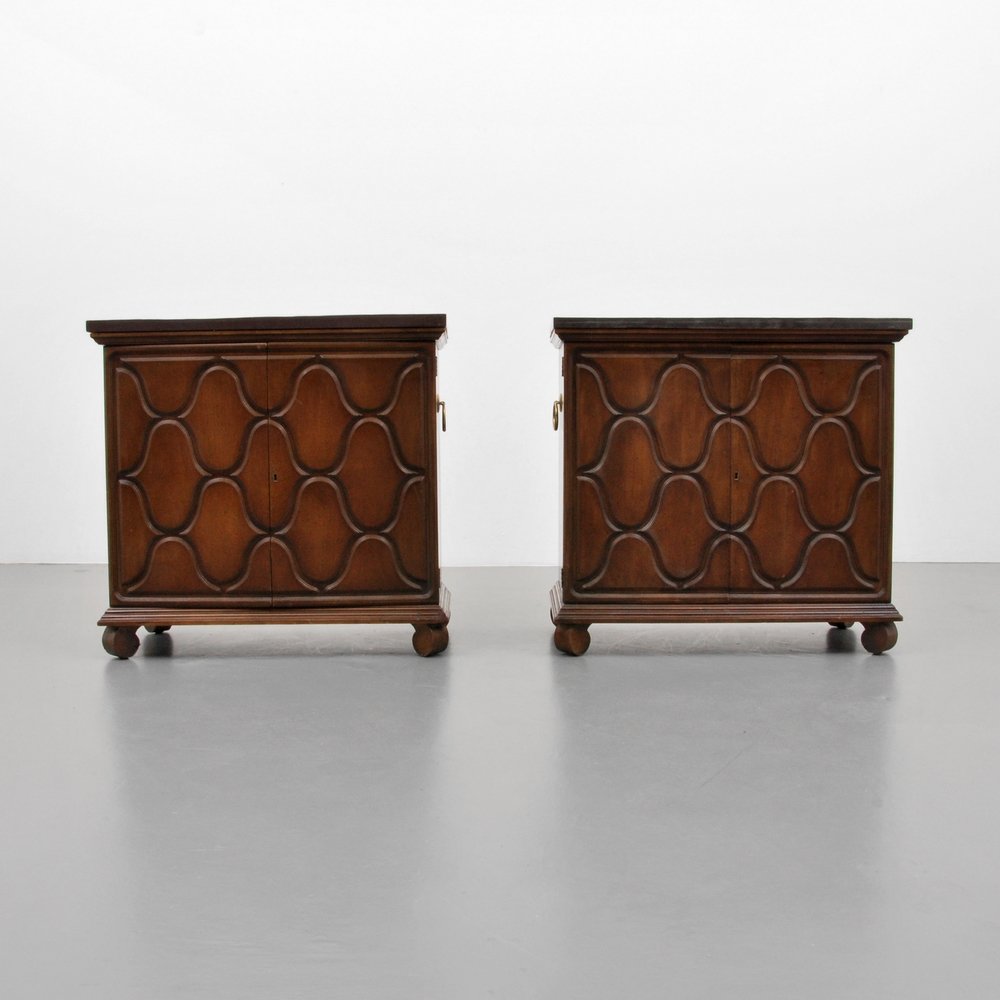 Dorothy Draper Cabinets, Pair: Designer (Artist) & Manufacturer: Dorothy Draper; Heritage Henredon Markings: marked Country of Origin & Materials: USA; wood, metal, slate Additional Information: Each cabinet features one adjustable