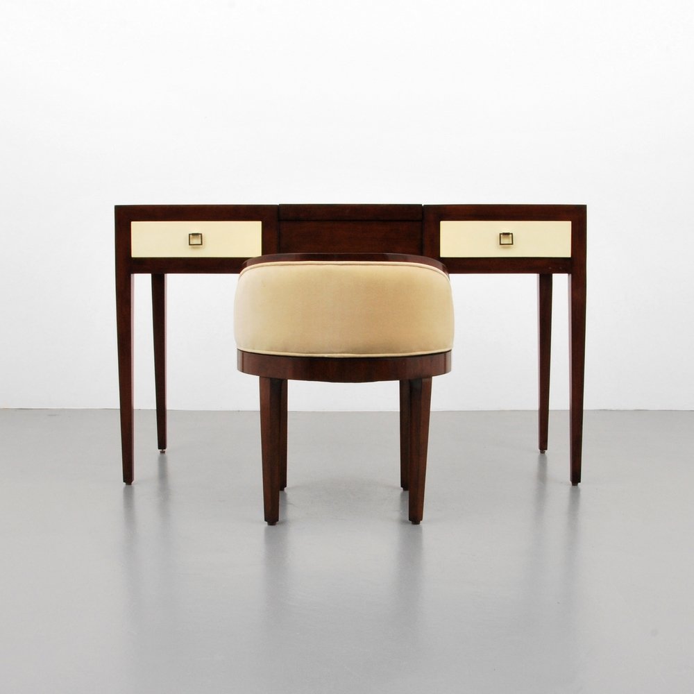 "Montmarte" Vanity/Desk & Stool: Designer (Artist) & Manufacturer: Williams-Sonoma Home Markings: marked Country of Origin & Materials: USA; wood, metal, appears to be parchment Additional Information: Table features two drawers and 