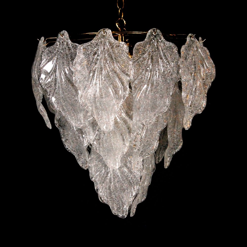 Murano Chandelier, Manner of Barovier & Toso: Designer (Artist) & Manufacturer: Barovier & Toso, Manner of Markings: none Country of Origin & Materials: Italy; glass, brass Additional Information: Tiered chandelier comprised of glass leaves. (Key