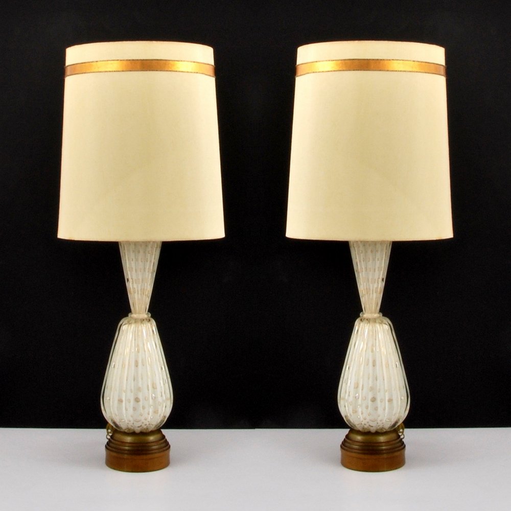 Monumental Murano Lamps Attributed to Barovier & Toso: Designer (Artist) & Manufacturer: Barovier & Toso, Attributed Markings: none Country of Origin & Materials: Italy; glass, metal, wood Additional Information: Lamps have gold aventurine throughout and 