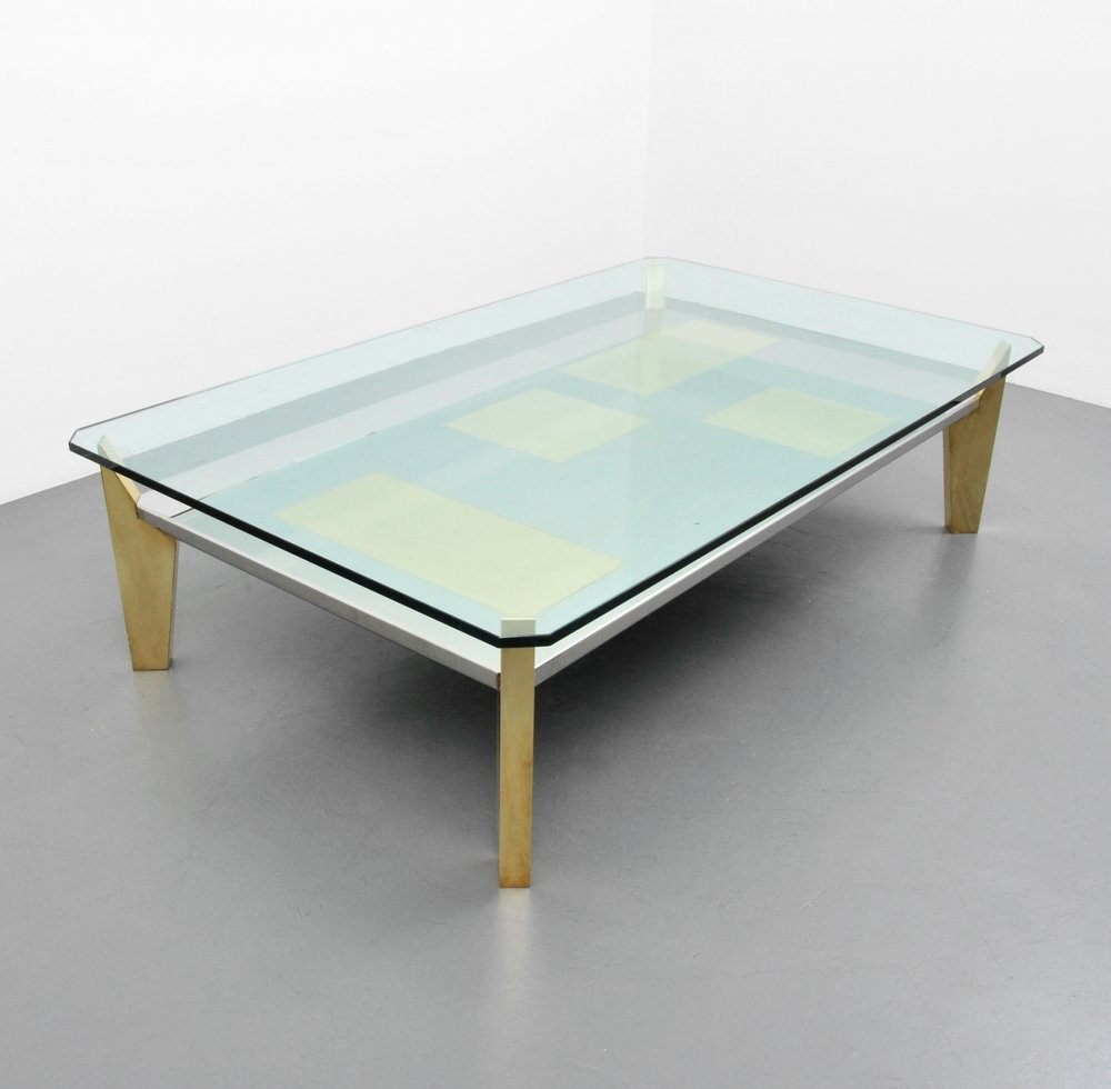 Large Coffee Table, Manner of Romeo Rega: Designer (Artist) & Manufacturer: Romeo Rega, Manner of Markings: none Country of Origin & Materials: unknown; chromed metal, brass, glass Additional Information: (Key Word Search: Franco Albini, Gio