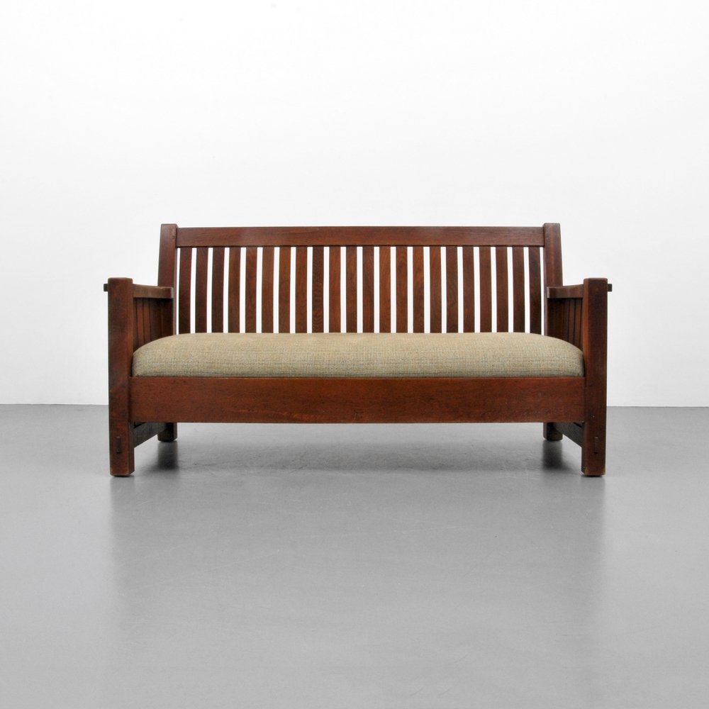 L & JG Stickley Settee: Designer (Artist) & Manufacturer: L & JG Stickley Markings: marked Country of Origin & Materials: USA; oak, upholstery Additional Information: (Key Word Search: Gustav Stickley, Frank Lloyd Wright, Ti