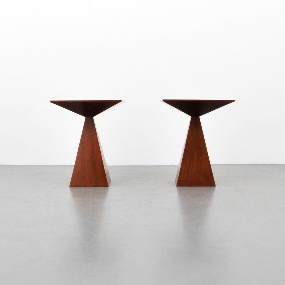 Pyramid End Tables Attributed to Harvey Probber, Pair: Designer (Artist) & Manufacturer: Harvey Probber, Attributed Markings: none Country of Origin & Materials: USA; zebrawood Additional Information: (Key Word Search: Baker, Edward Wormley, Dunbar, Harve