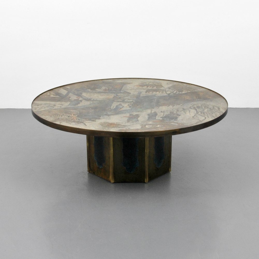 Large Philip & Kelvin Laverne Coffee Table: Designer (Artist) & Manufacturer: Large Philip & Kelvin Laverne Markings: marked Country of Origin & Materials: USA; mixed metals Additional Information: Table is the largest size made of Model "Chan 