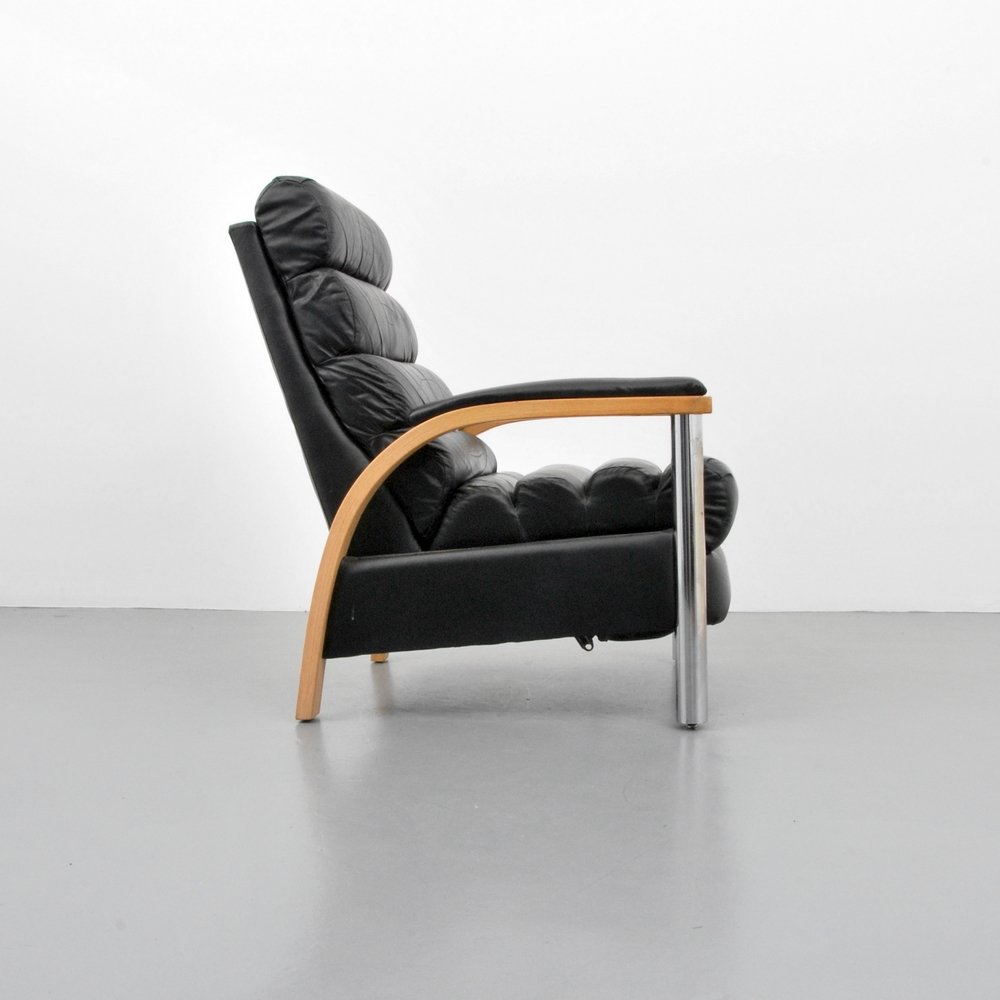 Jay Spectre "Eclipse" Reclining Leather Chair: Designer (Artist) & Manufacturer: Jay Spectre; Century Furniture Co. Markings: none Country of Origin & Materials: USA; oak, chromed metal, leather Additional Information: (Key Word Search: Milo Baugh