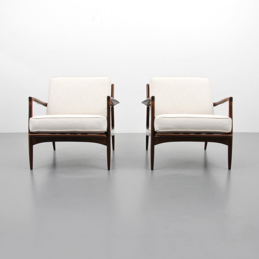 Ib Kofod-Larsen Lounge Chairs, Pair: Designer (Artist) & Manufacturer: Ib Kofod-Larsen; Selig Markings: marked Country of Origin & Materials: Denmark; wood, upholstery Additional Information: (Key Word Search: Finn Juhl, Hans Wegner, Arn