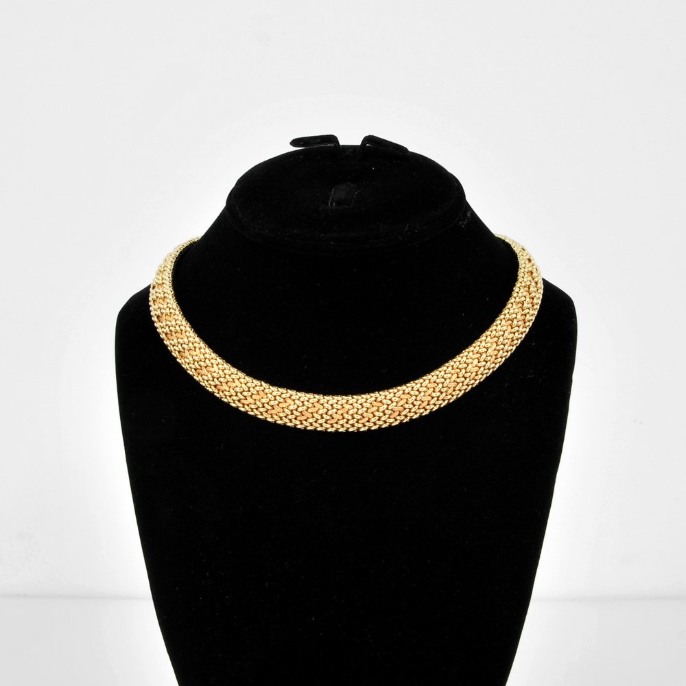 14K Gold Mesh Necklace: Markings: marked Country of Origin & Materials: unknown; 14K yellow gold Additional Information: Necklace/choker has a box clasp and figure "8" safety. (Key Word Search: Alexander Calder, Art Smith, E