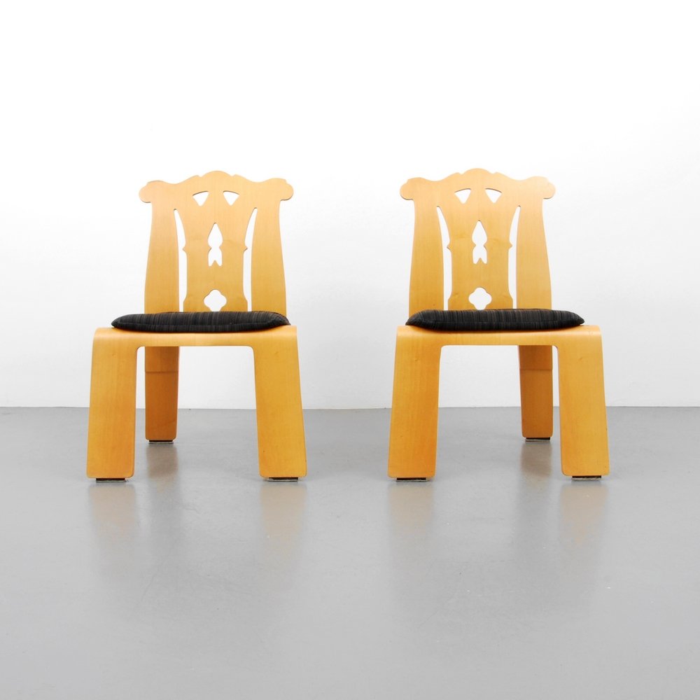 Robert Venturi "Chippendale" Chairs, Pair: Designer (Artist) & Manufacturer: Robert Venturi; Knoll International Inc. Markings: marked Country of Origin & Materials: USA; laminate over plywood, upholstery Additional Information: Reference: Kn
