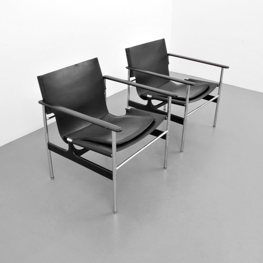 Charles Pollock Lounge Chairs, Pair: Designer (Artist) & Manufacturer: Charles Pollock; Knoll Associates Inc. Markings: none Country of Origin & Materials: USA; leather, chromed metal, wood Additional Information: Chair is Model "657". R