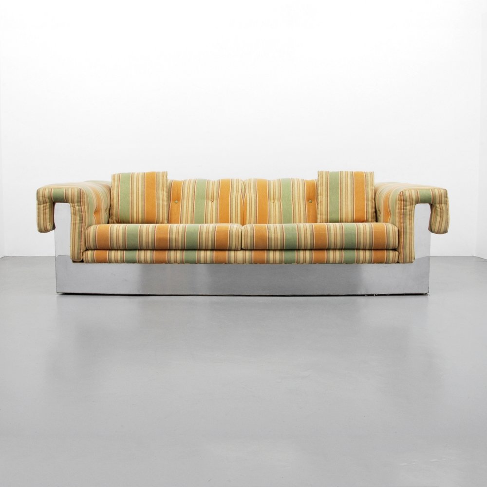 Milo Baughman Sofa: Designer (Artist) & Manufacturer: Milo Baughman; Thayer Coggin Markings: none Country of Origin & Materials: USA; mirrored & chromed metal, upholstery Additional Information: (Key Word Search: Milo Ba