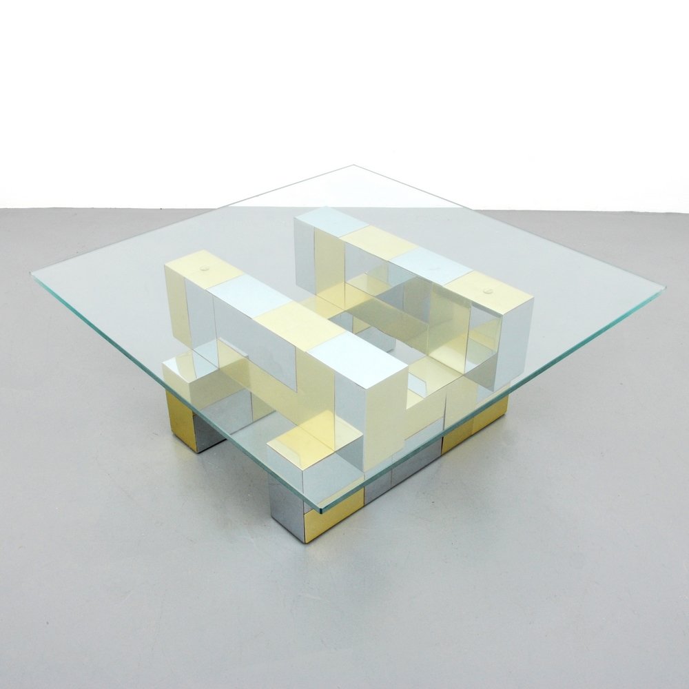 Paul Evans "Cityscape" Coffee Table: Designer (Artist) & Manufacturer: Paul Evans; Paul Evans Studio for Directional Markings: none Country of Origin & Materials: USA; chromed metal, brass, glass Additional Information: (Key Word Search: