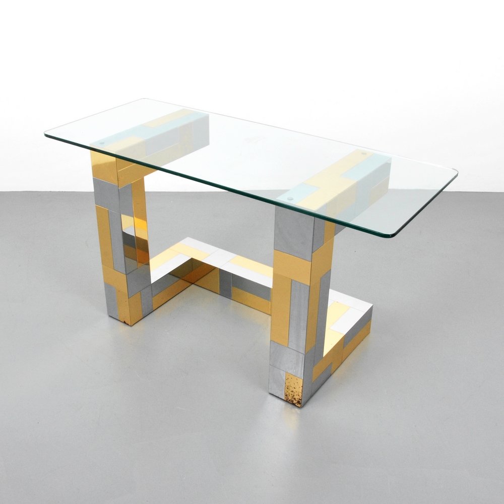 Paul Evans "Cityscape" Console/Desk: Designer (Artist) & Manufacturer: Paul Evans; Paul Evans Studio for Directional Markings: none Country of Origin & Materials: USA; chromed metal, brass, glass Additional Information: (Key Word Search: