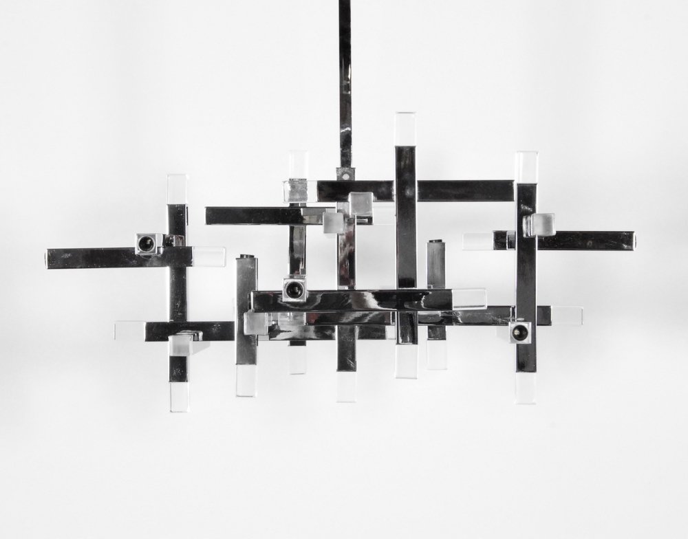Robert Sonneman Chandelier: Designer (Artist) & Manufacturer: Robert Sonneman Markings: marked Country of Origin & Materials: USA; chromed metal Additional Information: (Key Word Search: Fontana Arte, Sciolari, Venini, Mazzega,