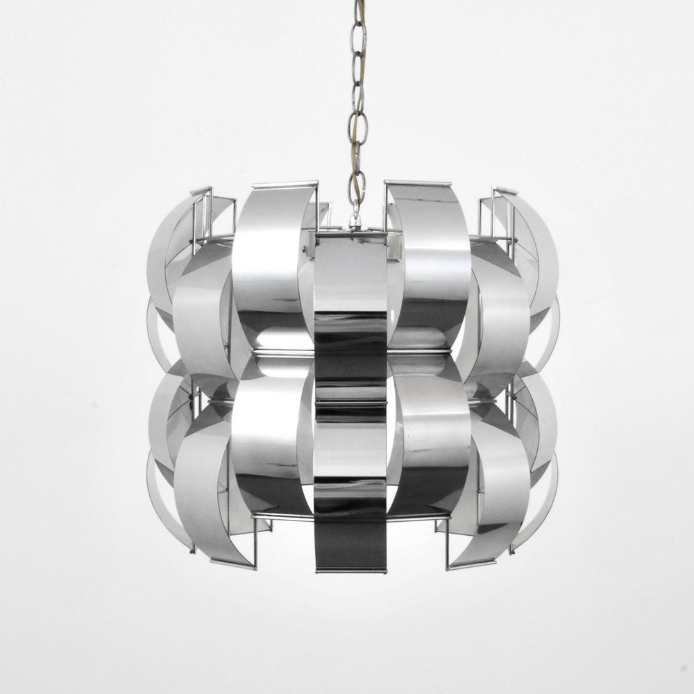 Lightolier Chandelier, Manner of Max Sauze: Designer (Artist) & Manufacturer: Lightolier Markings: none Country of Origin & Materials: USA; chromed metal, glass Additional Information: (Key Word Search: Robert Sonneman, Habitat, Lightolier, Geo