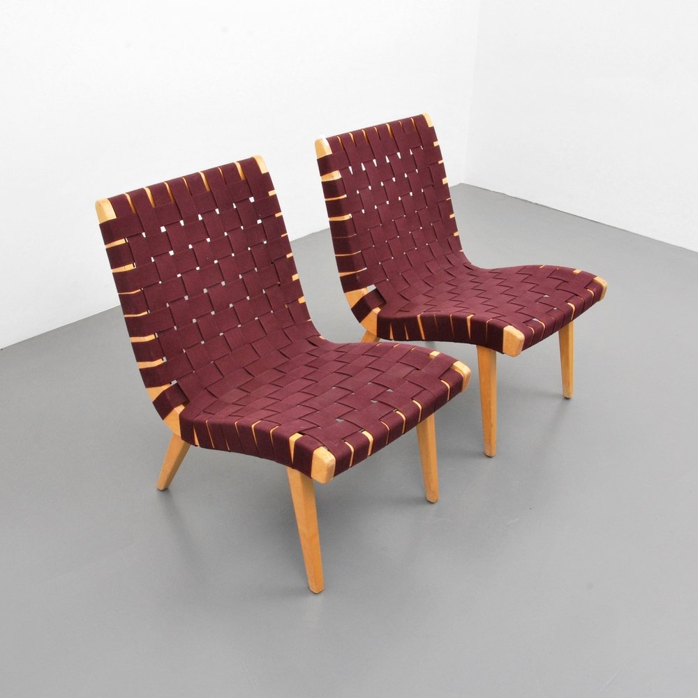 Jens Risom Lounge Chairs, Pair: Designer (Artist) & Manufacturer: Jens Risom; Knoll Studio Markings: marked Country of Origin & Materials: USA; wood, webbing Additional Information: Reference: Knoll - A Modernist Universe, Brian Lut