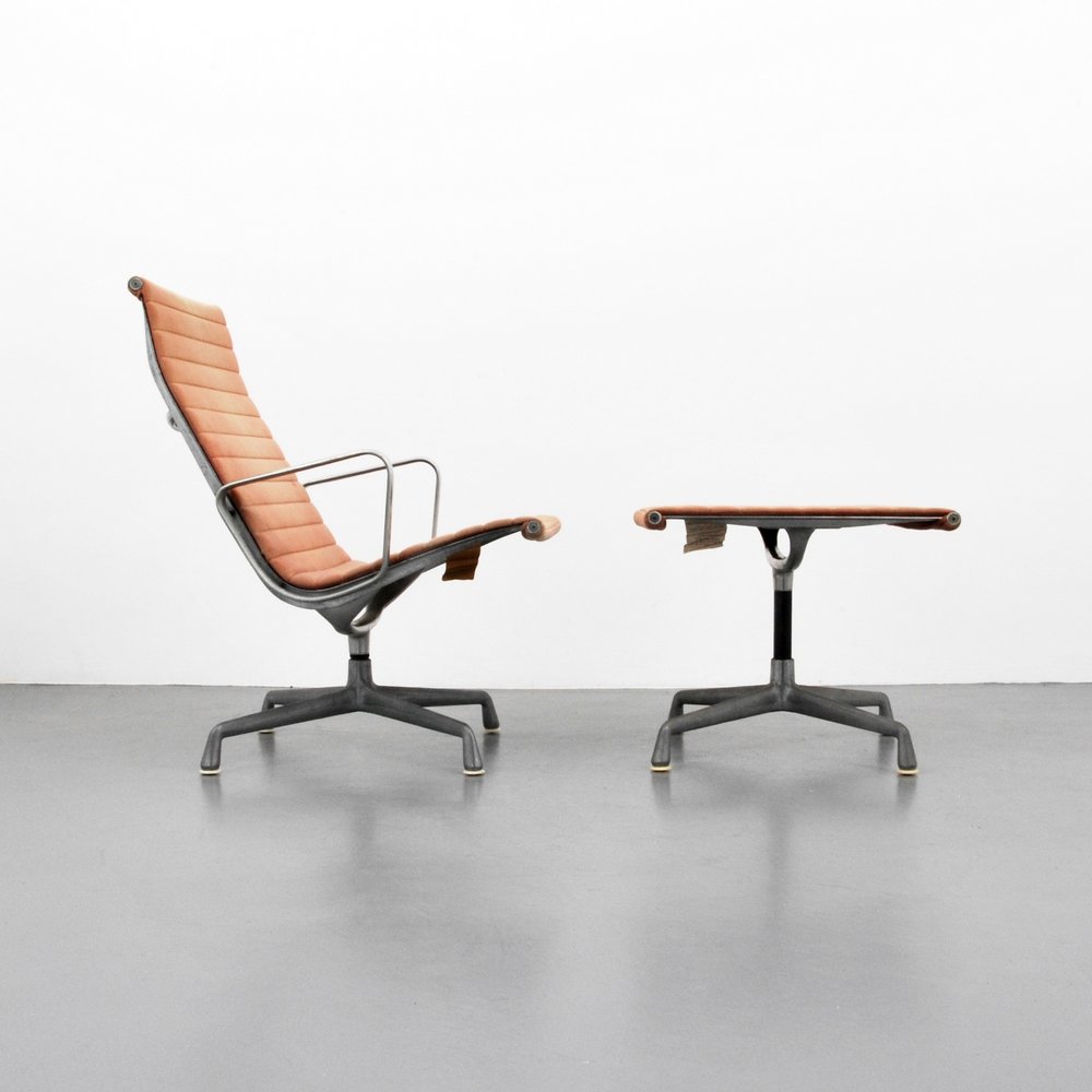 Charles & Ray Eames "Aluminum Group" Chair & Ottoman: Designer (Artist) & Manufacturer: Charles & Ray Eames; Herman Miller Markings: marked Country of Origin & Materials: USA; aluminum, upholstery Additional Information: Arm chair swivels. Reference: Cla