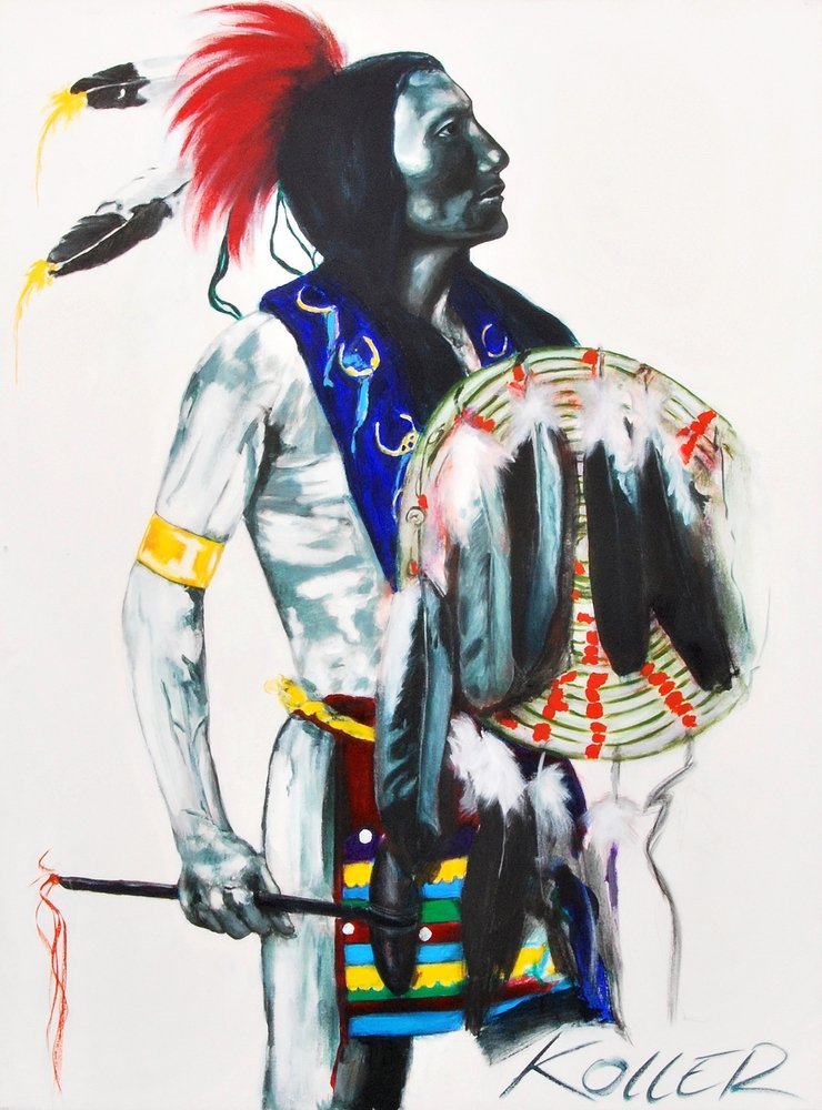 Helmut Koller Painting, Original Work: Designer (Artist) & Manufacturer: Helmut Koller (b. 1954) Markings: marked Country of Origin & Materials: American/Austrian; canvas Additional Information: Work is titled "Chief Goes To War (Lakota)".