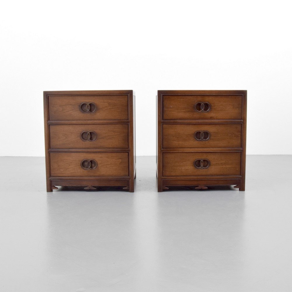 Pair of Michael Taylor Nightstands: Designer & Manufacturer: Michael Taylor; Baker Markings: marked Country of Origin & Materials: USA; wood Additional Information & Circa: Nightstands/end tables each with three drawers. (Key Word Searc
